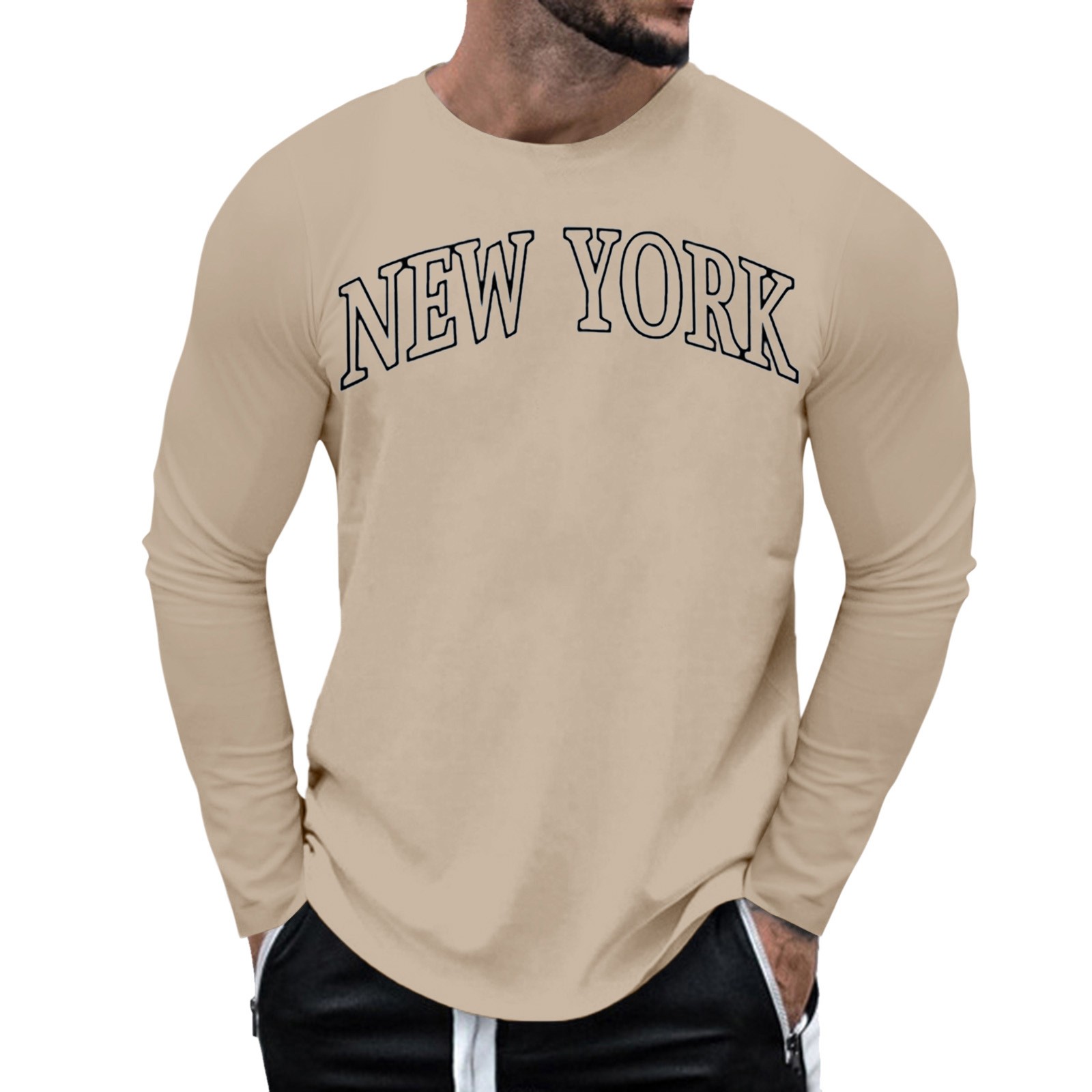 thumbnail image 1 of Camiseta informal de manga larga y cuello redondo con estampado de letras para hombre - Mezcla de poliéster suave, cuello redondo, versátil para fiestas/ocio - Tallas M-XXXL, 1 of 7